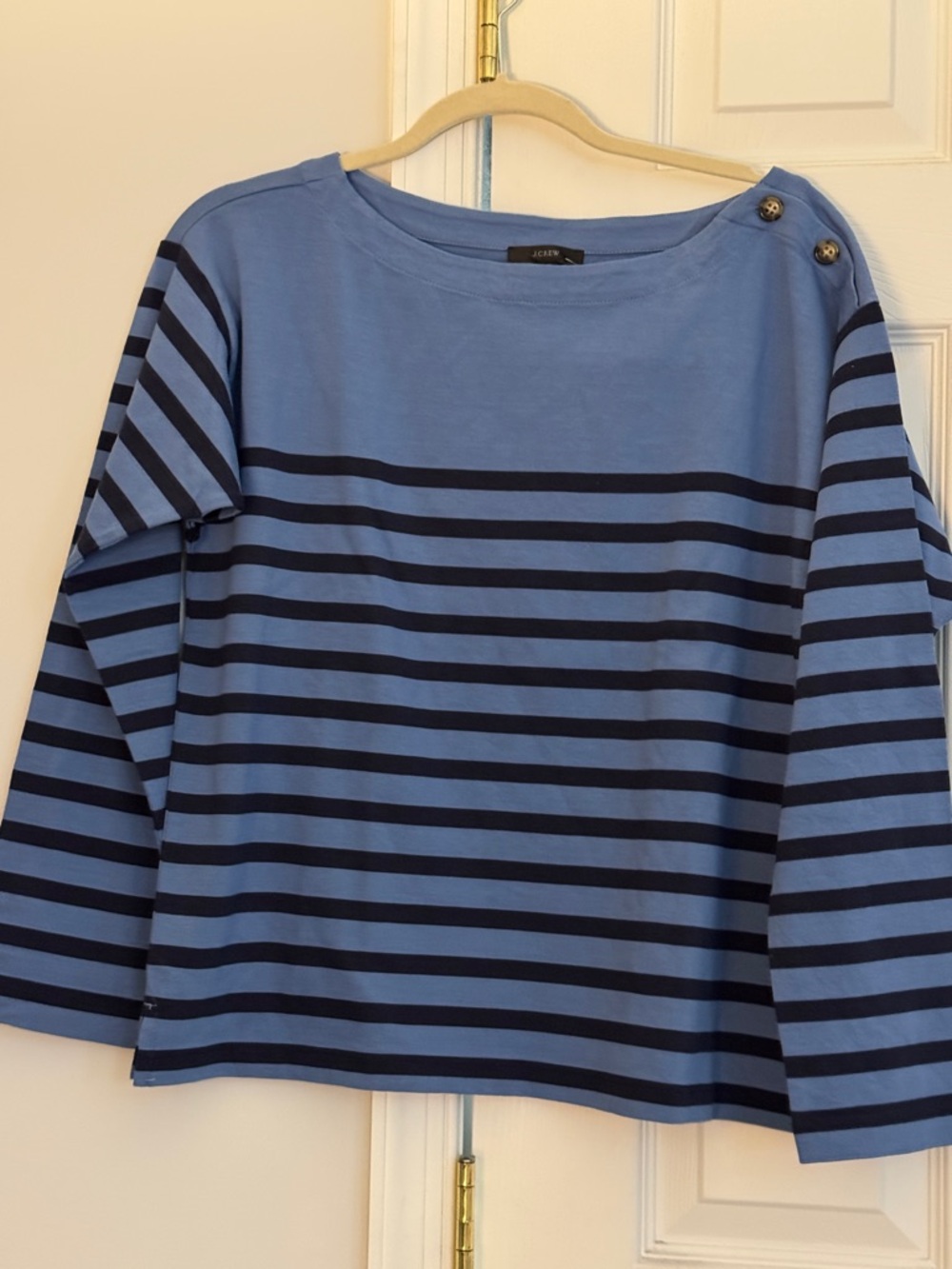 J. Crew Light Blue and Navy Striped Long Sleeve Boatneck Top